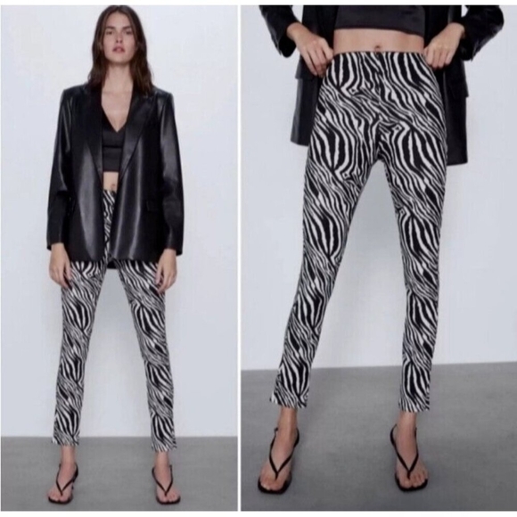 Zara Zebra Print Leggings Pants Black White Size L New without Tags. - Picture 1 of 8